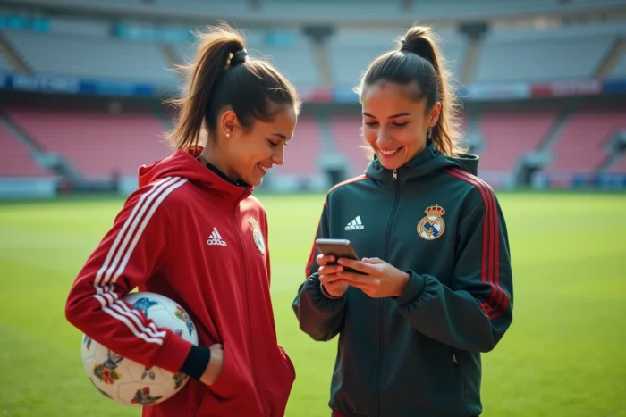Deux joueuses de foot féminin en vêtements d'entraînement sur la pelouse d'un stade professionnel lors du mercato 2026