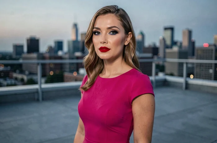 Femme avec des lèvres rouge vif tranchant et un maquillage des yeux minimal en robe fuchsia sur un rooftop