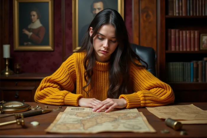Jeune femme résolvant des énigmes dans une salle d'escape game décorée en style victorien, loisir insolite immersif