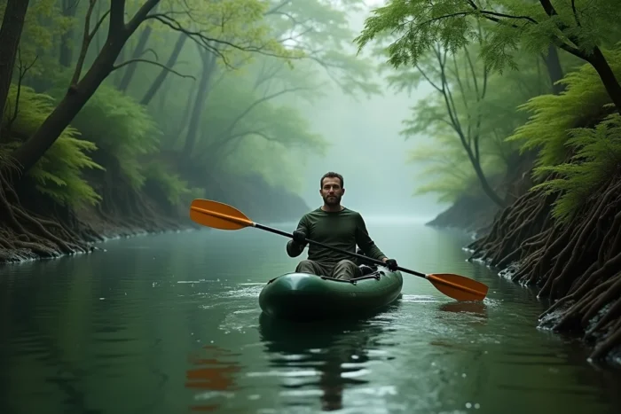 Homme en kayak sur une rivière forestière brumeuse, activité de plein air insolite en nature sauvage