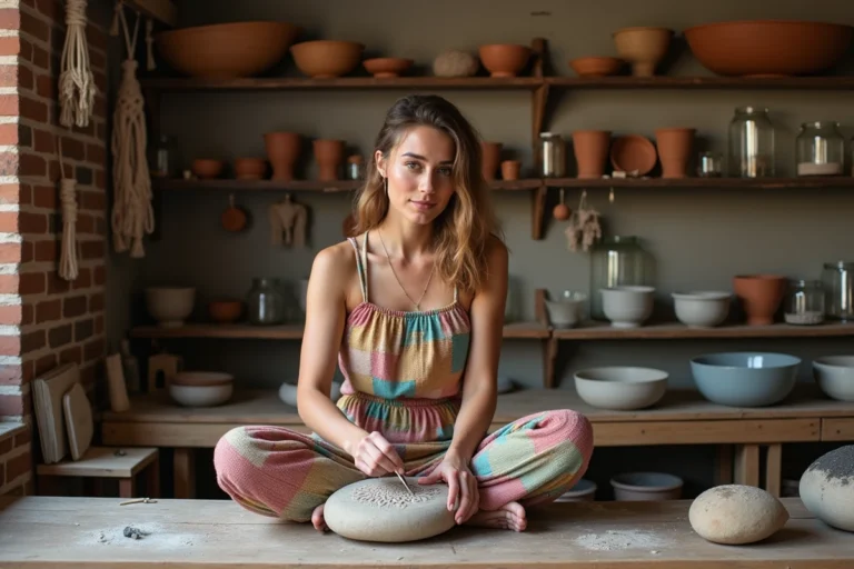Femme peignant des motifs sur des pierres dans un atelier artisanal bohème, loisir insolite et créatif