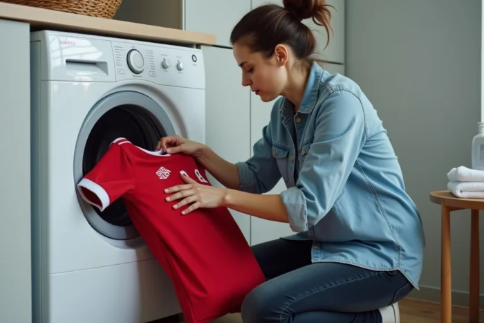 Femme qui met un maillot de football dans un lave-linge pour le rétrécir à la maison