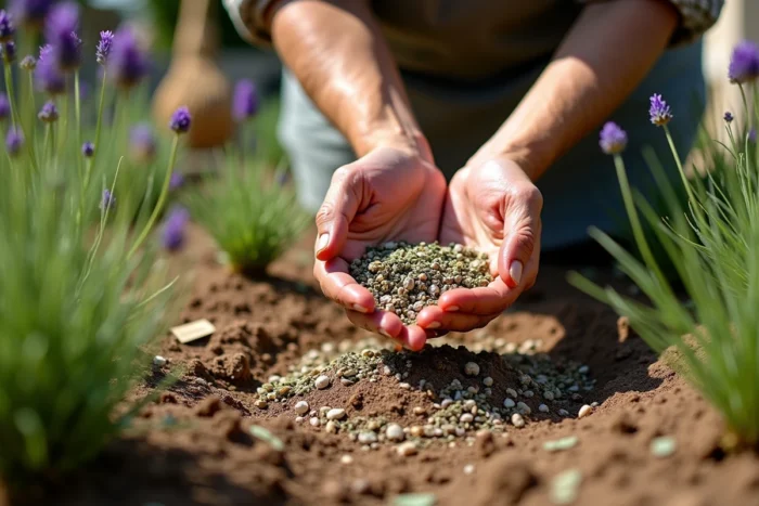 Mains de jardinier appliquant du paillis d'herbes séchées autour de plants de lavande dans un jardin aromatique de style provençal