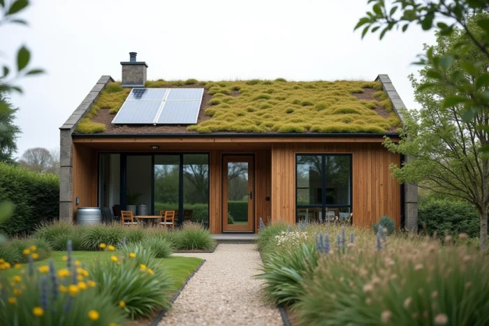 Maison écologique achevée avec toit végétalisé, panneaux solaires et jardin naturel pour un habitat durable