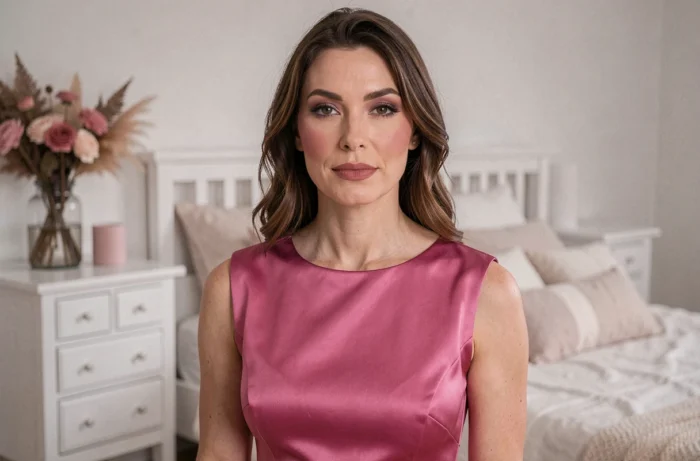 Femme arborant un maquillage monochrome rose atténué de la tête aux lèvres avec une robe satin fuchsia