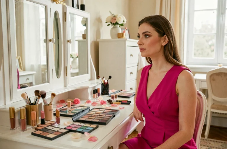 Femme en robe rose fuchsia assise devant une coiffeuse entourée de produits de maquillage colorés