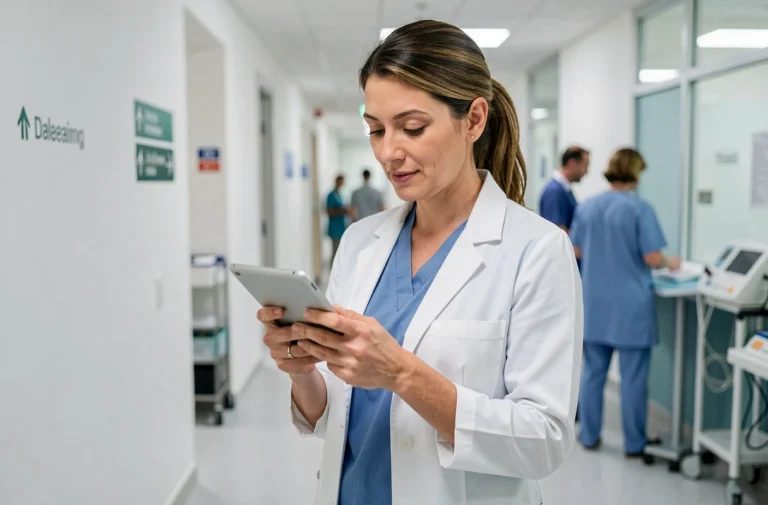 Une médecin consultant une tablette numérique dans un couloir d'hôpital moderne, illustrant les outils innovants pour les professionnels de santé