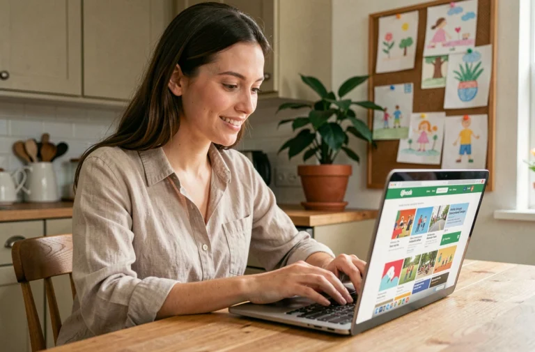 Mère parcourant un annuaire en ligne d'activités pour enfants sur son ordinateur portable dans une cuisine familiale chaleureuse