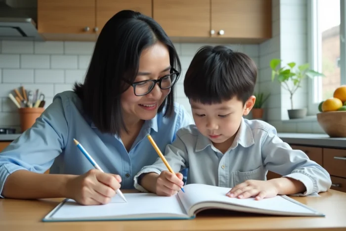 Mère célibataire aidant son fils adolescent à faire ses devoirs dans la cuisine, évoquant le soutien scolaire et émotionnel dans une famille monoparentale