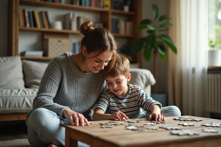 Mère célibataire et son fils jouant à un puzzle ensemble dans un appartement chaleureux, illustrant le lien affectif et la résilience familiale