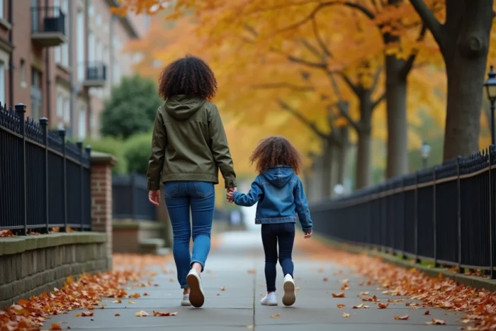 Mère célibataire marchant avec sa fille en ville en automne, représentant la solidarité et la construction identitaire dans une famille monoparentale