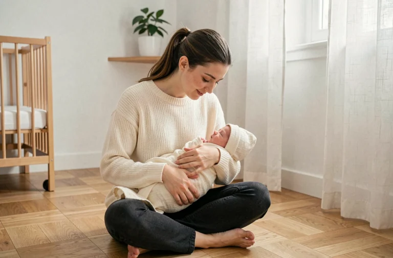 Jeune mère tenant son nouveau-né dans une chambre bébé minimaliste décorée avec des tons neutres