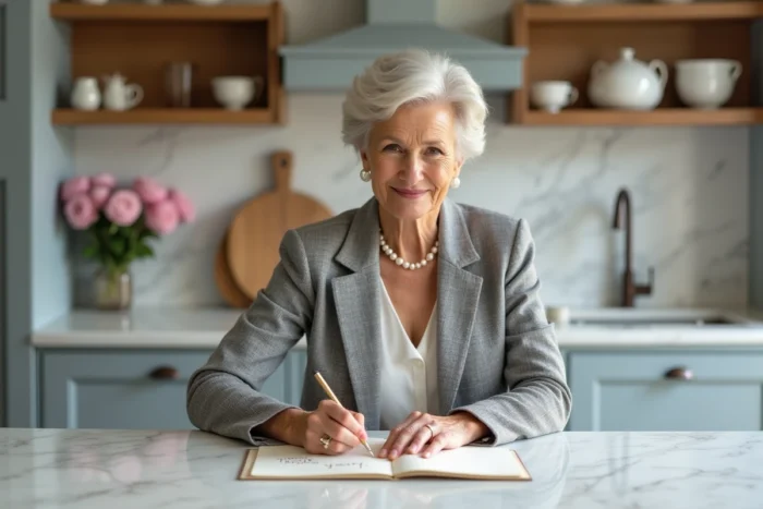 Femme élégante de 60 ans rédigeant un message d'anniversaire humoristique dans une cuisine moderne