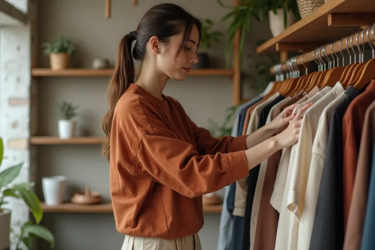 Femme parcourant des vêtements éthiques en lin et coton biologique dans une boutique de mode responsable au décor naturel