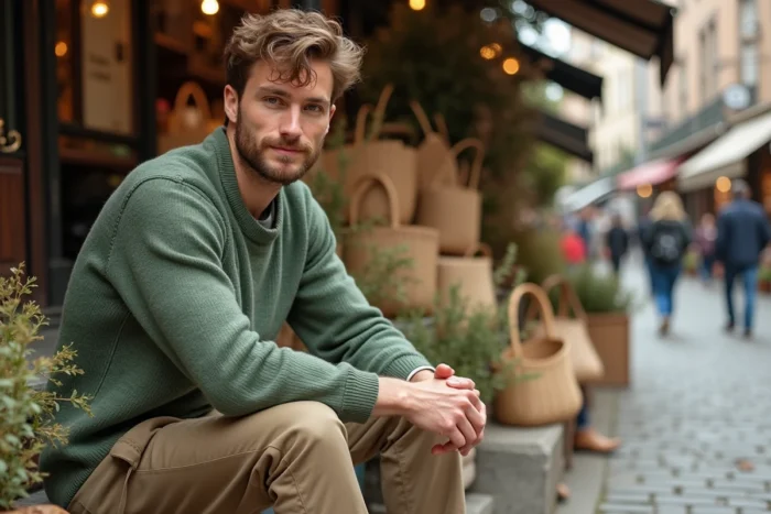 Homme en pull en chanvre bio et pantalon en laine recyclée assis devant un marché de producteurs locaux, illustrant un style de vie responsable