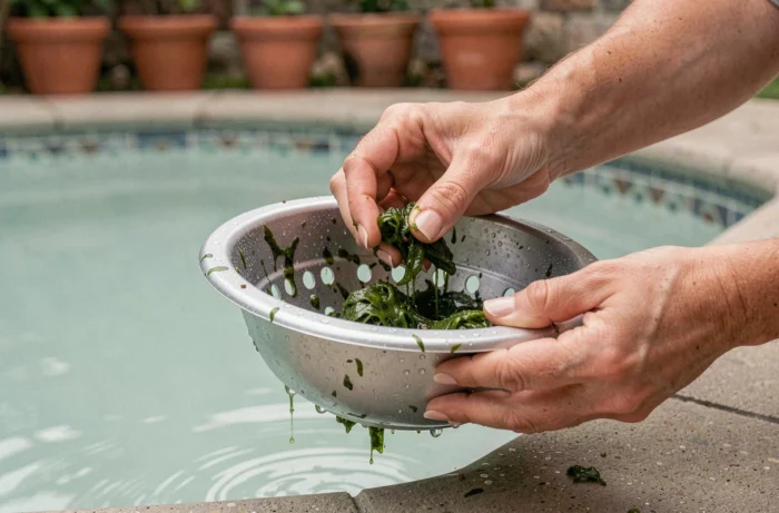 Nettoyage du panier de skimmer d'une piscine à l'eau saturée et verdâtre