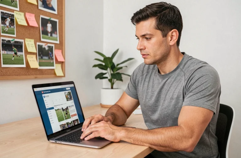Un homme passionné de sport travaille sur la structure d'un site web sportif depuis son bureau à domicile