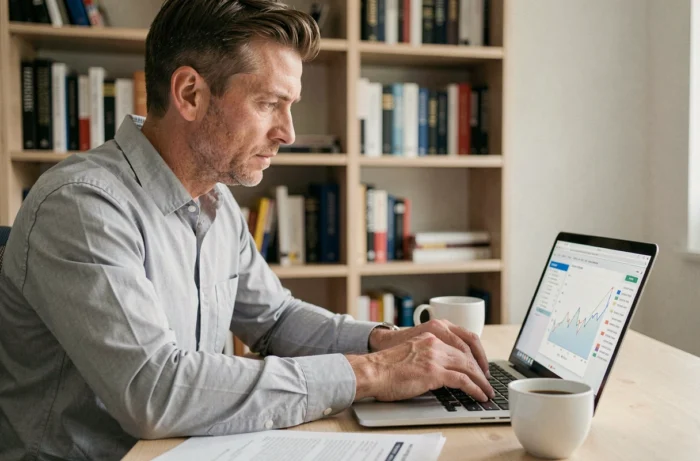Homme consultant ses finances personnelles sur un ordinateur portable dans un bureau à domicile moderne