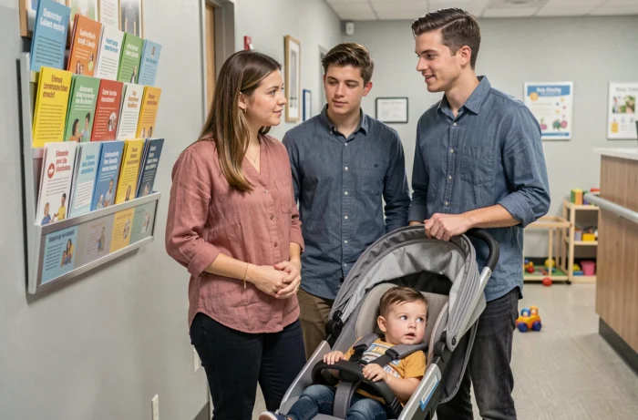 Jeunes parents avec leur enfant en bas âge consultant des brochures dans une salle d'attente pédiatrique