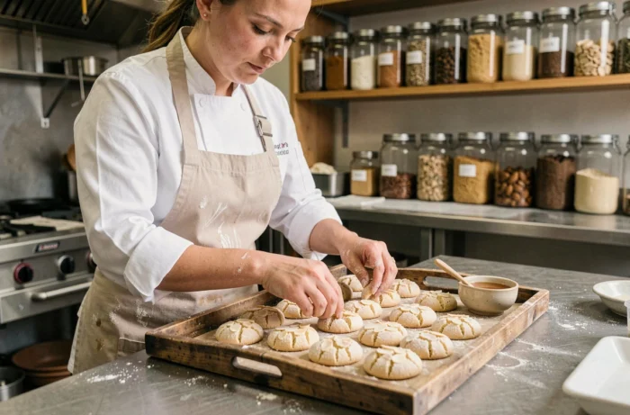 Pâtissière arrangeant des biscuits aux amandes glacés sur un plateau en bois dans une boulangerie artisanale
