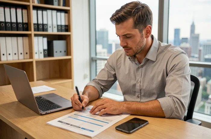 Manager organisant le planning de communication d'entreprise à son bureau avec agenda et outils numériques