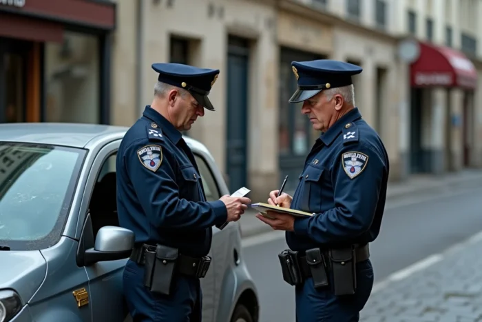Des agents de police municipale inspectant une voiture ventouse signalée dans une rue urbaine