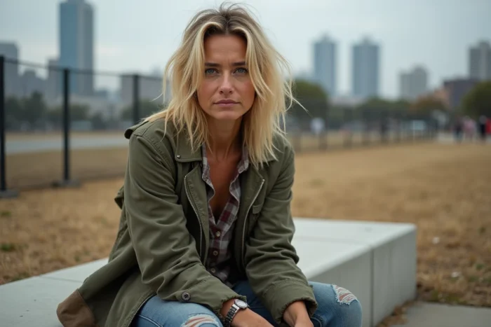 Portrait éditorial d'une femme à l'expression résiliente assise dans un parc urbain de Los Angeles, évoquant le quotidien difficile de Loni Willison
