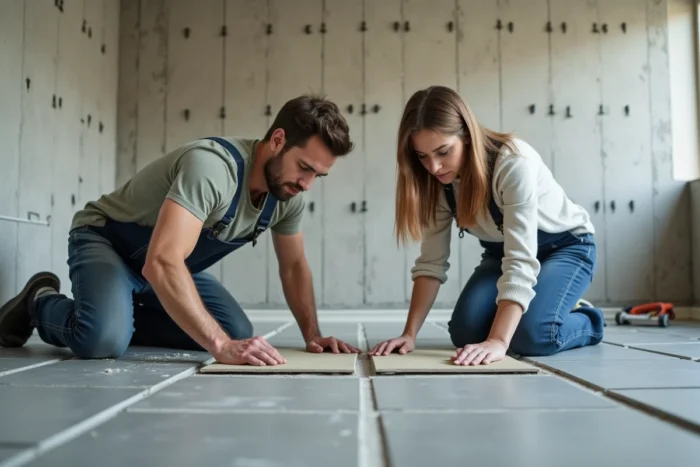 Deux personnes posant du carrelage gris dans une salle de bain en cours de rénovation