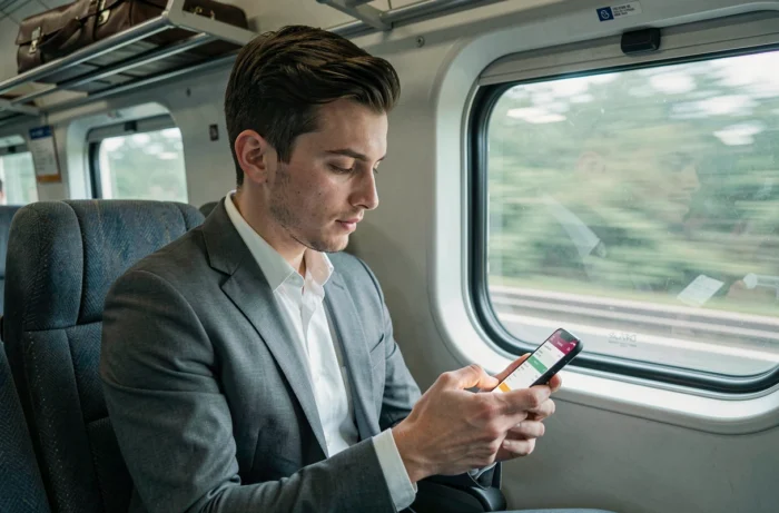 Jeune professionnel consultant ses factures sur smartphone dans un train en mouvement lors d'un déplacement professionnel