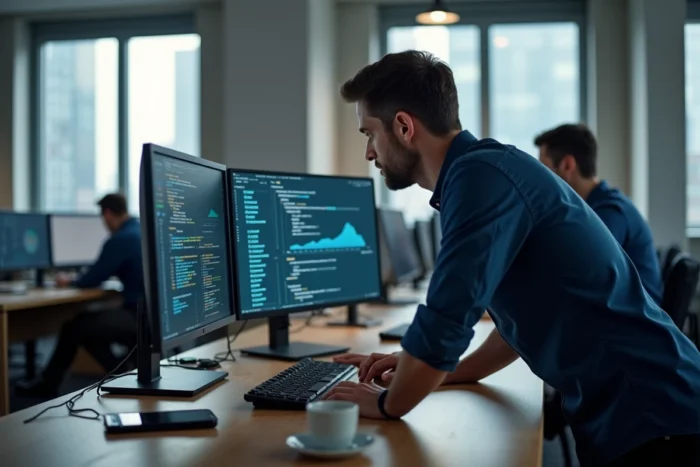 Professionnel de l'informatique analysant des données sur deux écrans dans un open space moderne