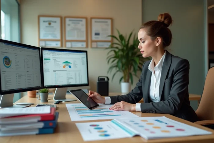 Professionnelle de l'immobilier analysant un logiciel de diagnostic sur double écran dans un bureau organisé