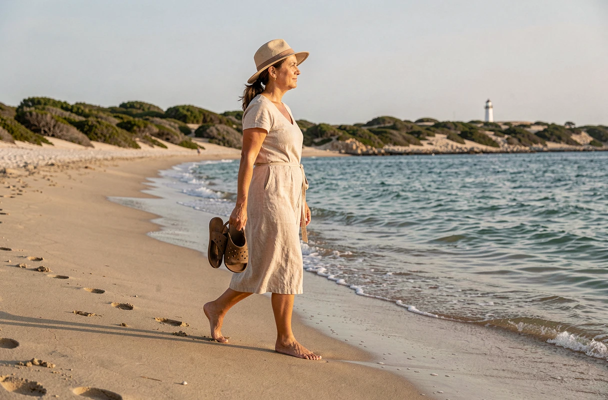 Femme se promenant pieds nus le long du rivage sauvage de la plage du Bocal du Tech près de l'embouchure de la Méditerranée dans une atmosphère de liberté et de naturel