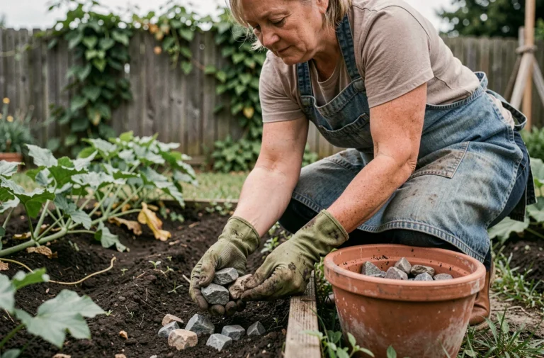 Femme jardiniè re qui ramasse des cailloux dans un potager avec des gants de jardinage verts