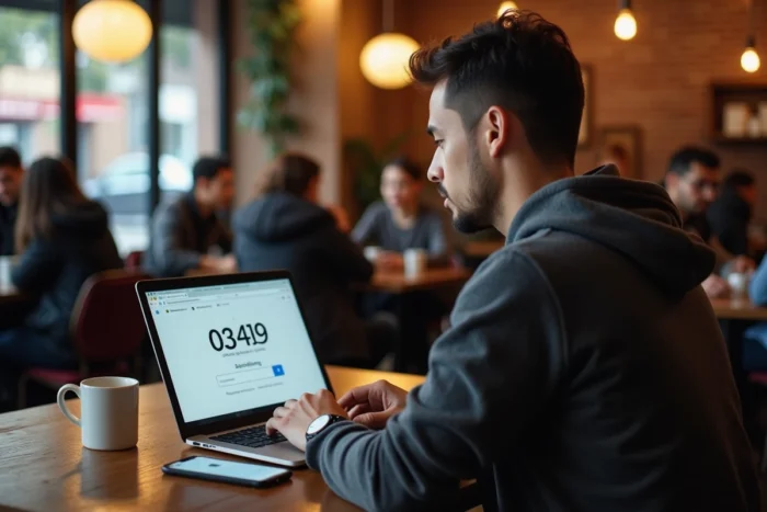 Personne effectuant une recherche de propriétaire de numéro étranger sur un ordinateur portable dans un café