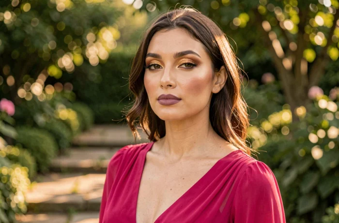 Femme portant un regard doré chaleureux et des lèvres poudrées mauves avec une robe rose fuchsia en chiffon