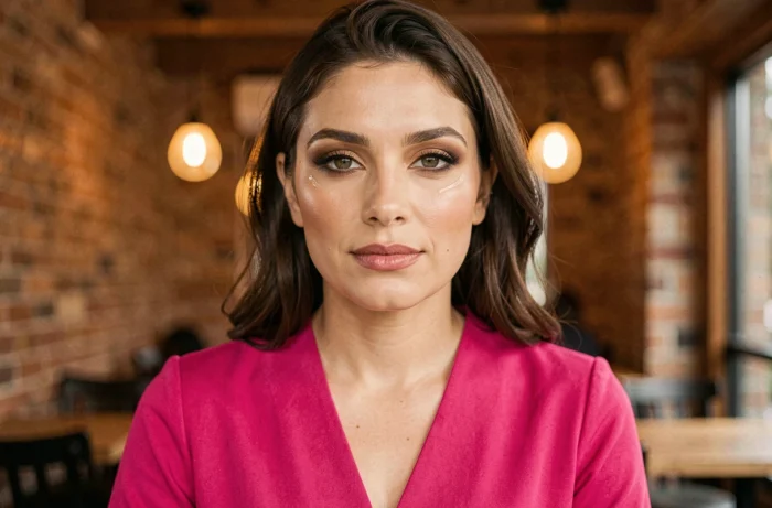 Femme avec un regard fumé brun et un highlighter subtil sur les pommettes portant une robe fuchsia
