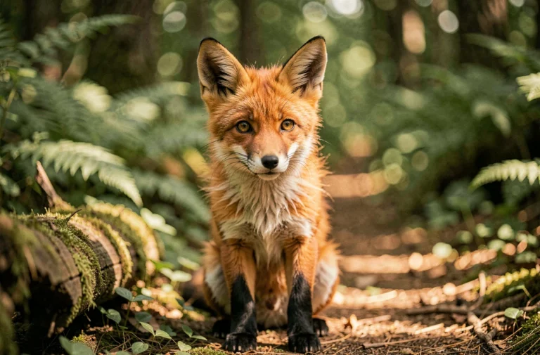 Renardeau sauvage curieux au bord d'un chemin forestier, regardant l'objectif avec des yeux expressifs