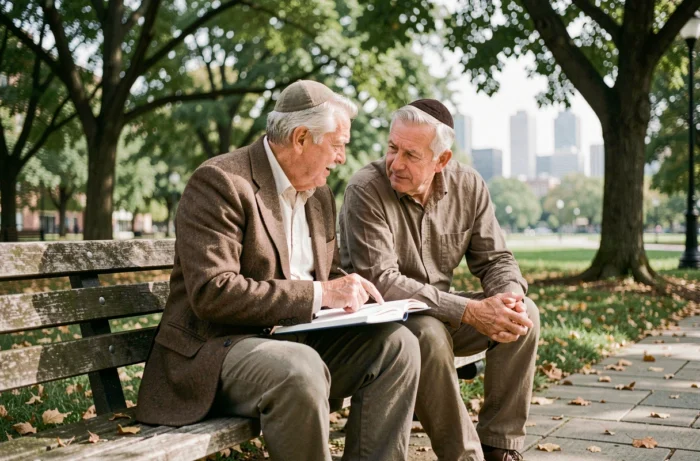 Deux hommes d'horizons différents, l'un religieux et l'autre laïc, engagés dans une conversation respectueuse sur un banc de parc