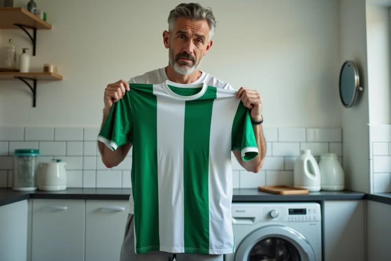 Homme tenant un maillot de foot trop grand dans une buanderie domestique pour le rétrécir