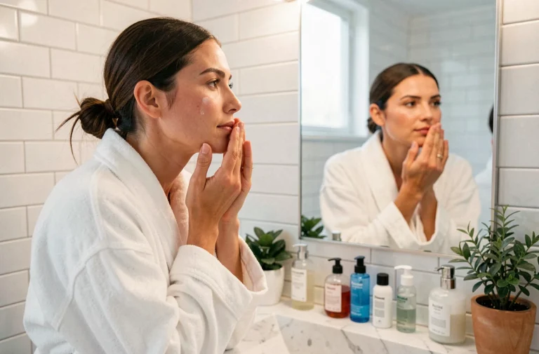 Femme appliquant une crème visage dans une salle de bain moderne, routine beauté quotidienne