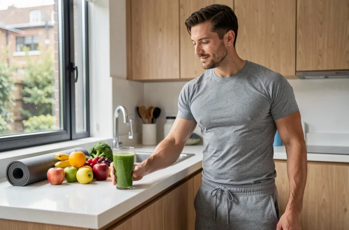 Homme préparant un smoothie vert sain dans une cuisine moderne, alimentation équilibrée et santé au quotidien