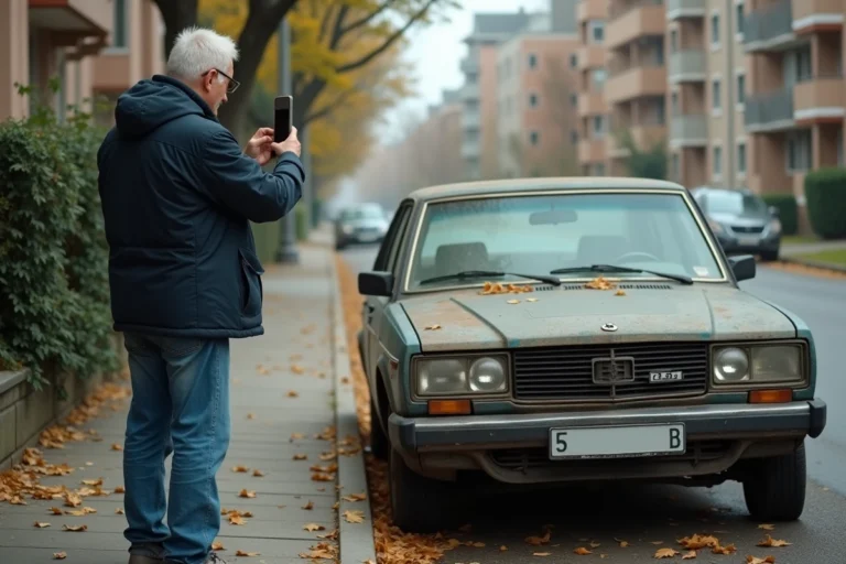 Un homme photographiant une voiture ventouse abandonnée dans une rue résidentielle avec son smartphone