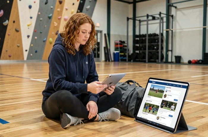 Une sportive consulte la structure d'un site web dédié au sport sur sa tablette dans une salle de sport