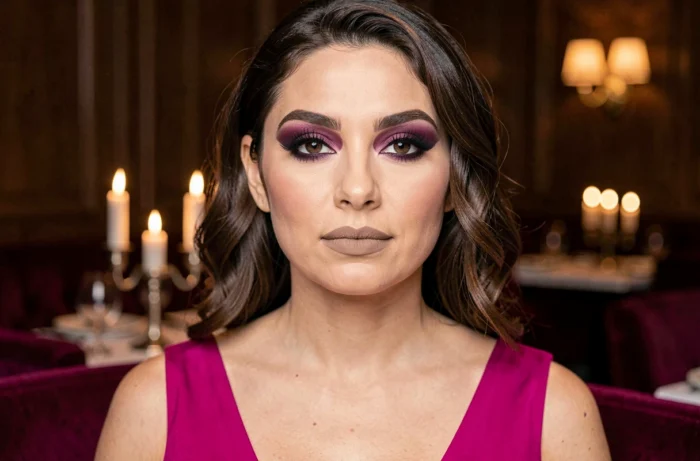Femme portant un smoky eye prune intense et des lèvres nude, habillée d'une robe fuchsia pour une soirée
