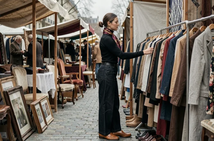Jeune femme élégante au style français chic explorant un marché aux puces parisien avec foulard en soie et jean large