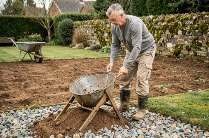 Homme utilisant un tamis de jardin pour séparer les cailloux de la terre dans un grand jardin
