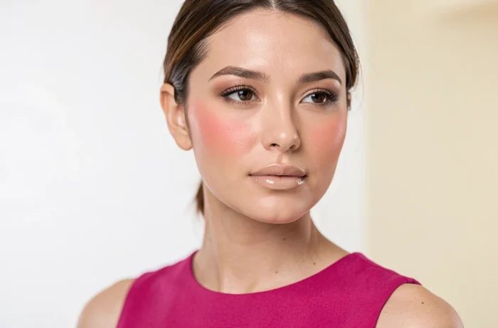Femme avec un teint nude lumineux et un blush pêche doux mis en valeur par une robe rose fuchsia