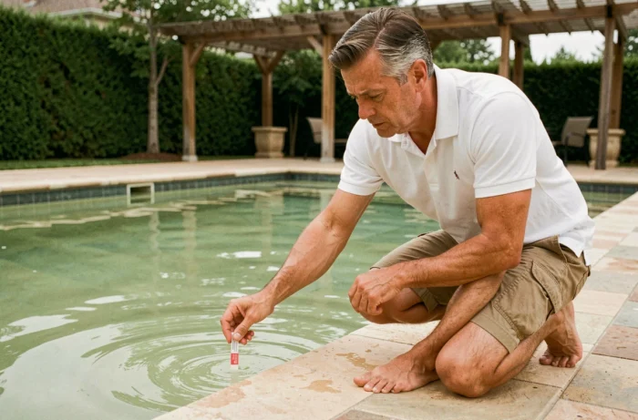 Homme testant la qualité de l'eau trouble d'une piscine résidentielle avec un kit d'analyse