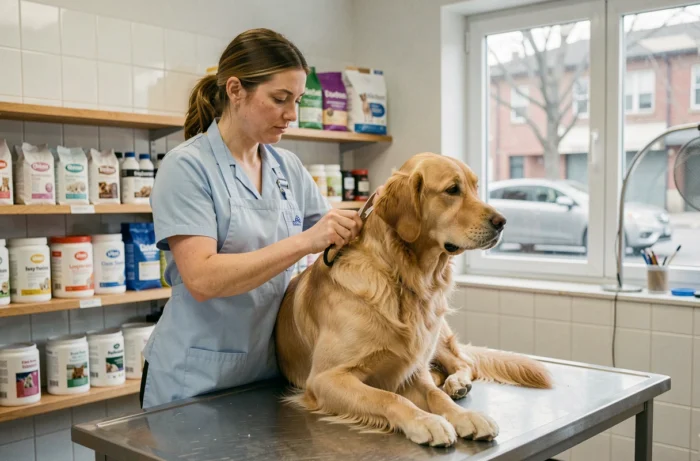 Toiletteuse professionnelle qui tond le pelage d'un golden retriever dans un salon de toilettage moderne