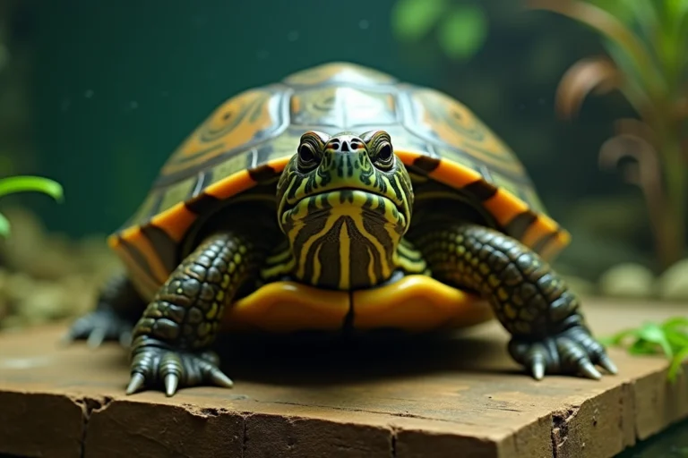 Tortue aquatique à oreilles rouges en posture agressive, gueule ouverte sur une plateforme en bois dans un terrarium naturel